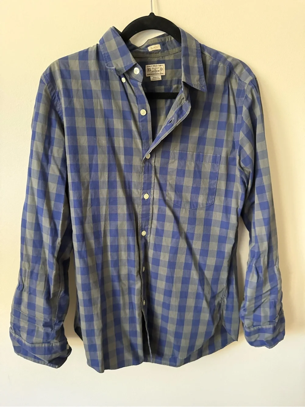 J.Crew Men’s Slim Fit Blue Gray Gingham Check Shirt 100% Cotton S